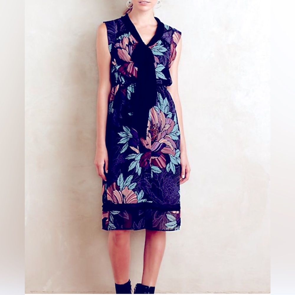 NWT! Anthropologie Maeve Bretin Floral Tie Neck faux Button Dress